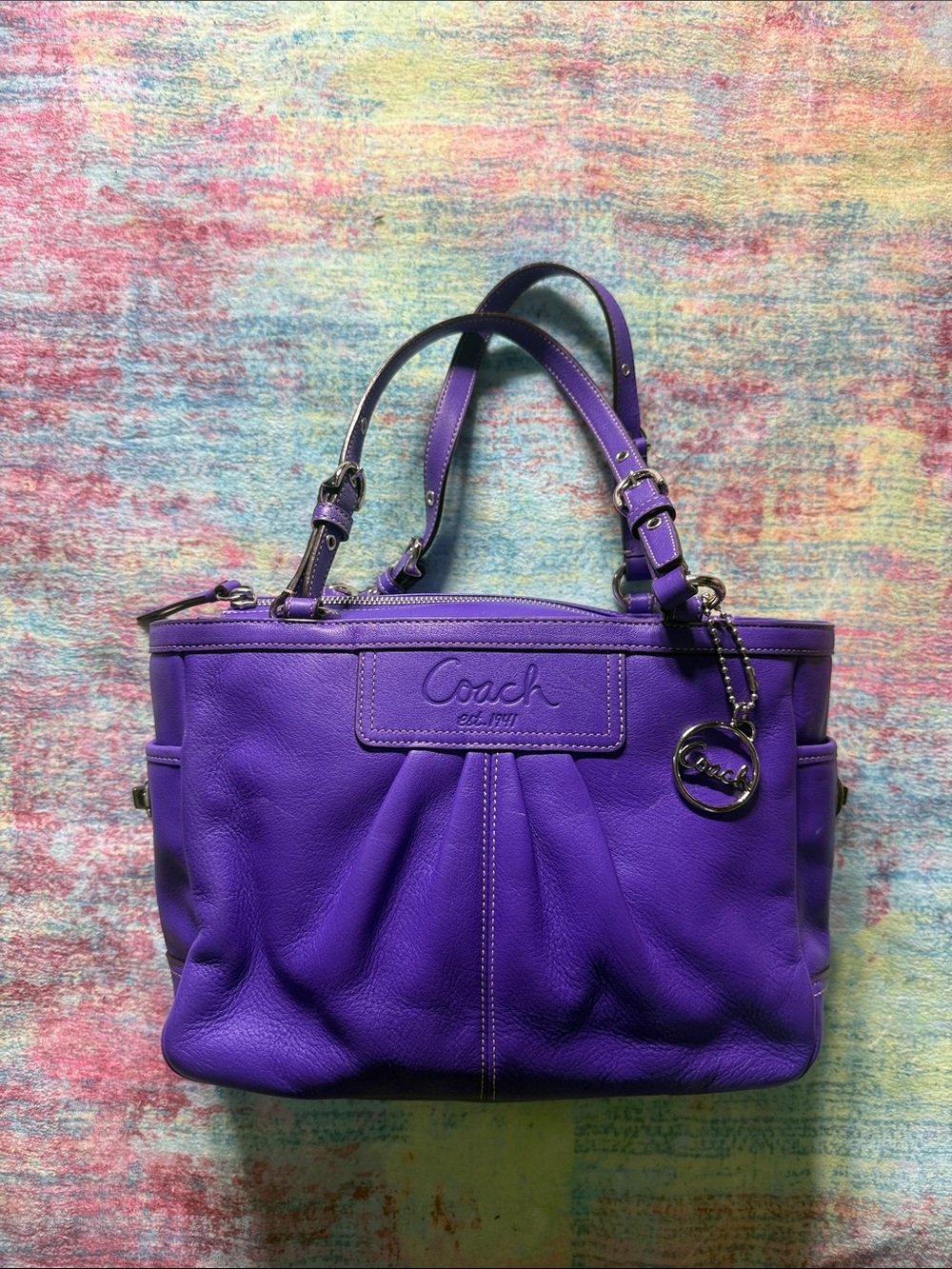 Coach Vibrant Purple Leather Shoulder Tote with Logo Charm